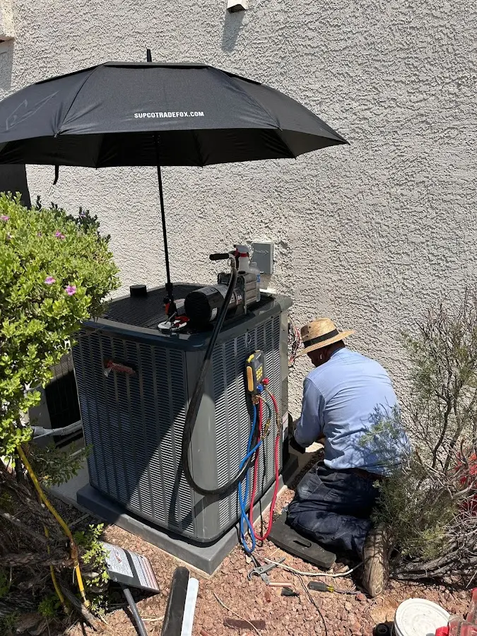 HVAC technician performing outdoor AC maintenance in Wood Dale